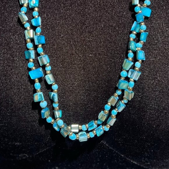 Shell & Bead Necklace Multi Strand Long Blue Layering Indonesia Ethnic Tribal - Picture 2 of 5
